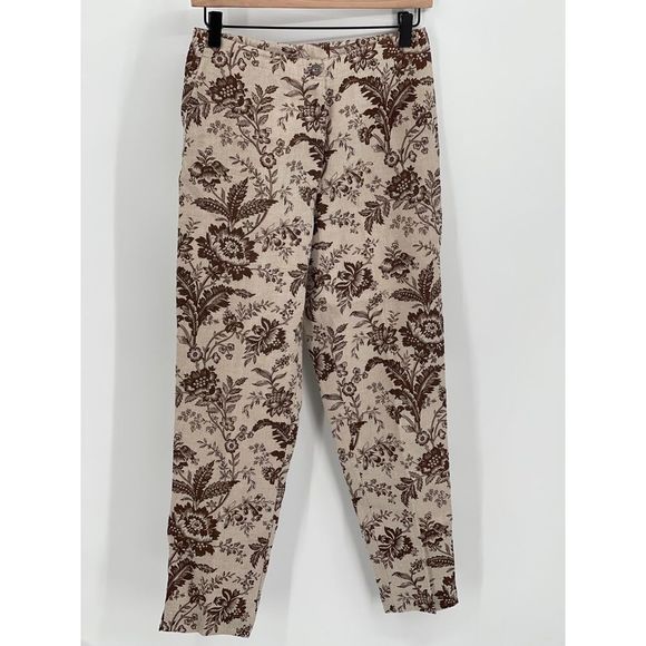 Charter Club Linen Pants Women 4 Petite Tan Brown Floral High‎ Waist Tapered - Picture 1 of 12
